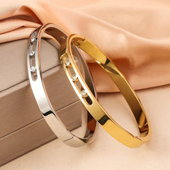 Hollowed Out Zircon Inlaid Open Buckle Bangle - Women Stainless Steel Bracelet