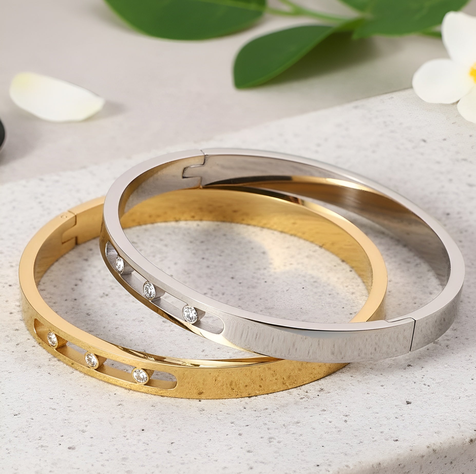 Hollowed Out Zircon Inlaid Open Buckle Bangle - Women Stainless Steel Bracelet