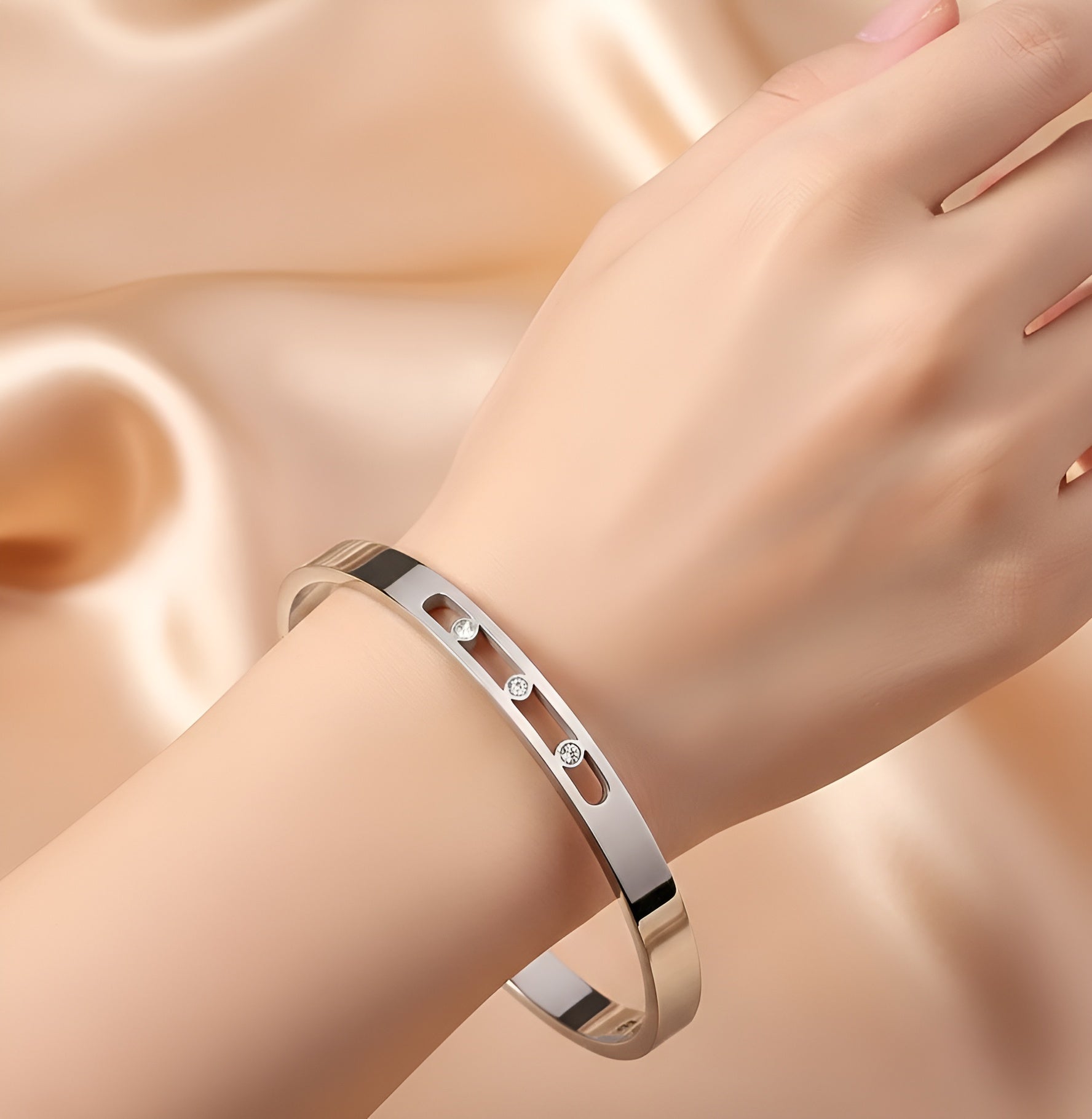 Hollowed Out Zircon Inlaid Open Buckle Bangle - Women Stainless Steel Bracelet