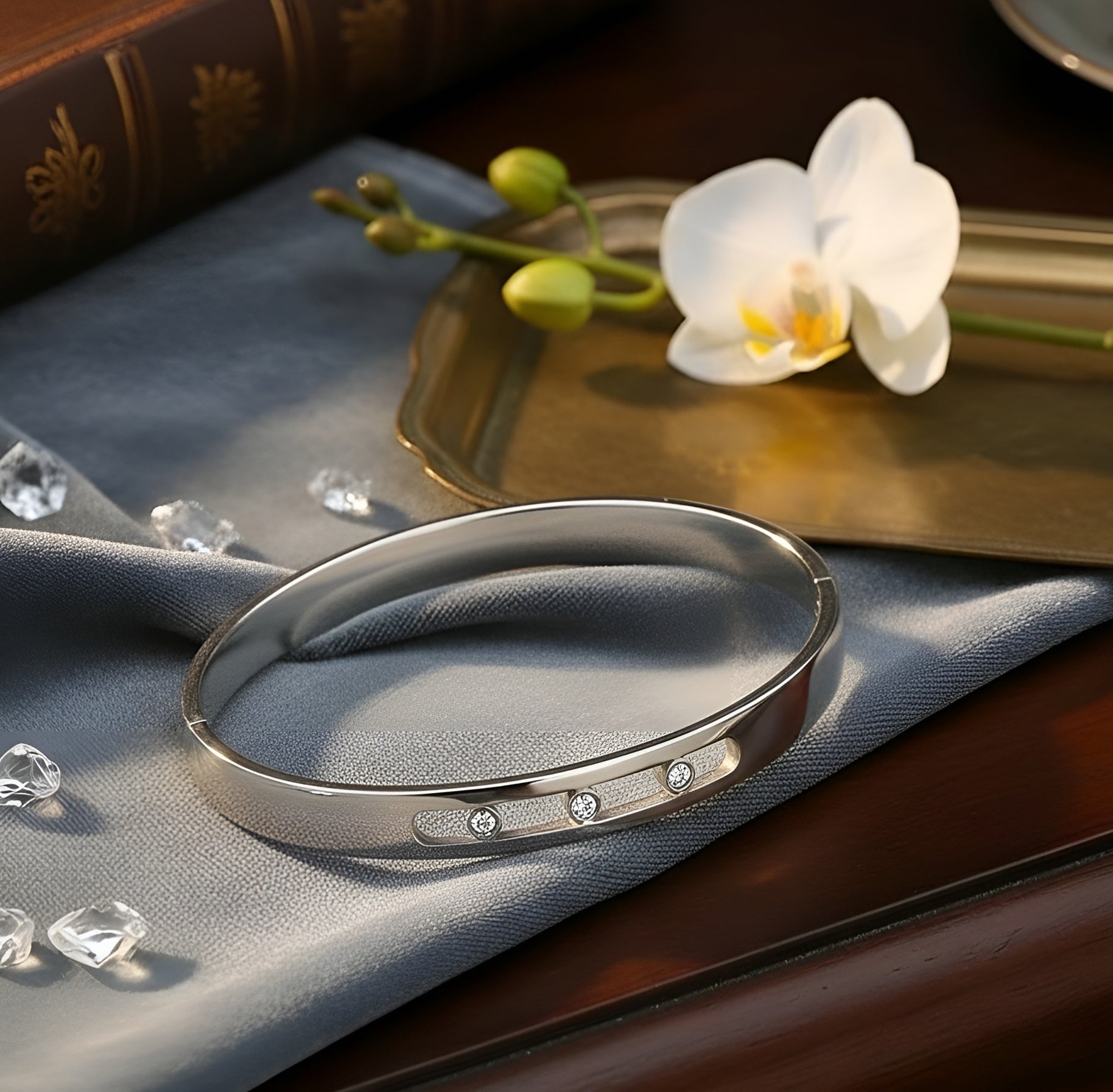 Hollowed Out Zircon Inlaid Open Buckle Bangle - Women Stainless Steel Bracelet