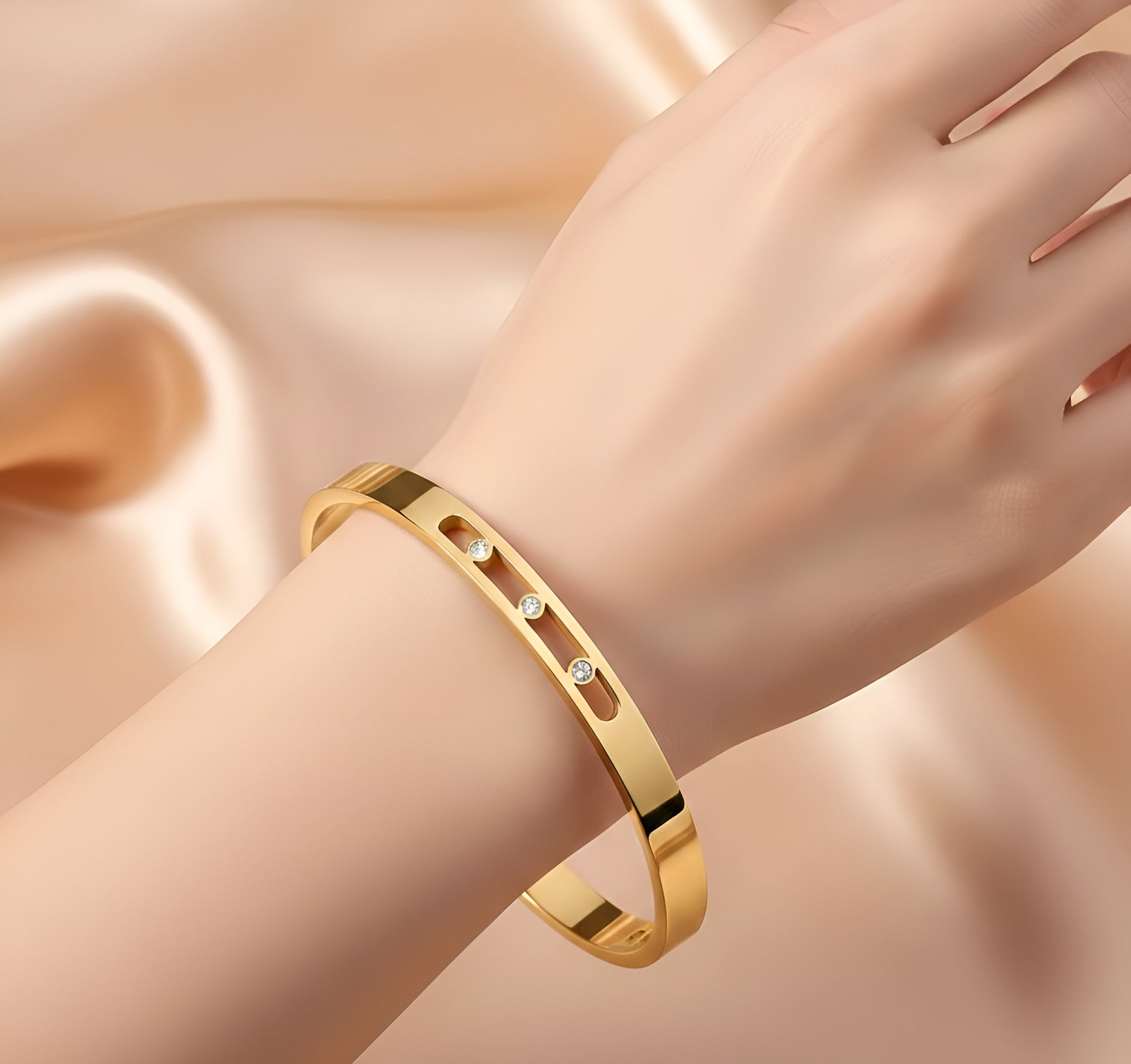 Hollowed Out Zircon Inlaid Open Buckle Bangle - Women Stainless Steel Bracelet