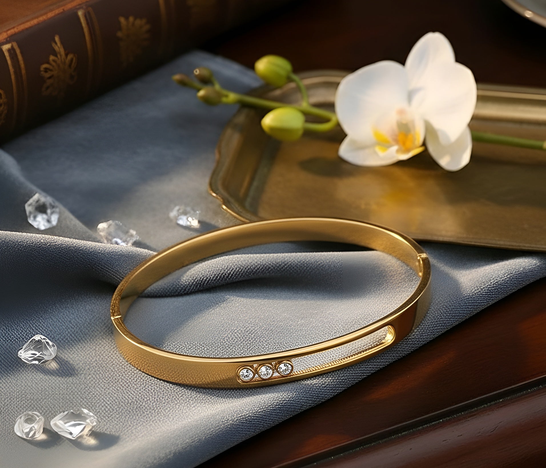 Luxury Titanium Steel Bracelet with Diamond Inlay, Non-Fading Groove Design – Chic Sliding Bangle for Girls