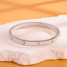 Minimalist Zircon Inlay Stainless Steel Bracelet – Silver & Gold Finish | Unisex Daily Wear